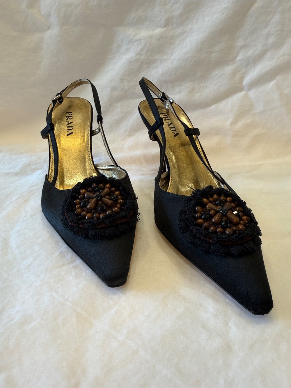Prada Black Beaded Pointed-Toe Slingback Heels
